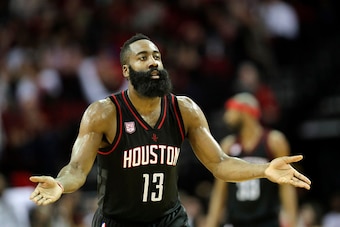 HOUSTON, TX - DECEMBER 31:  James Harden #13 of the Houston Rockets celebrates after a three point shot in the second half at Toyota Center on December 31, 2016 in Houston, Texas. NOTE TO USER: User expressly acknowledges and agrees that, by downloading a