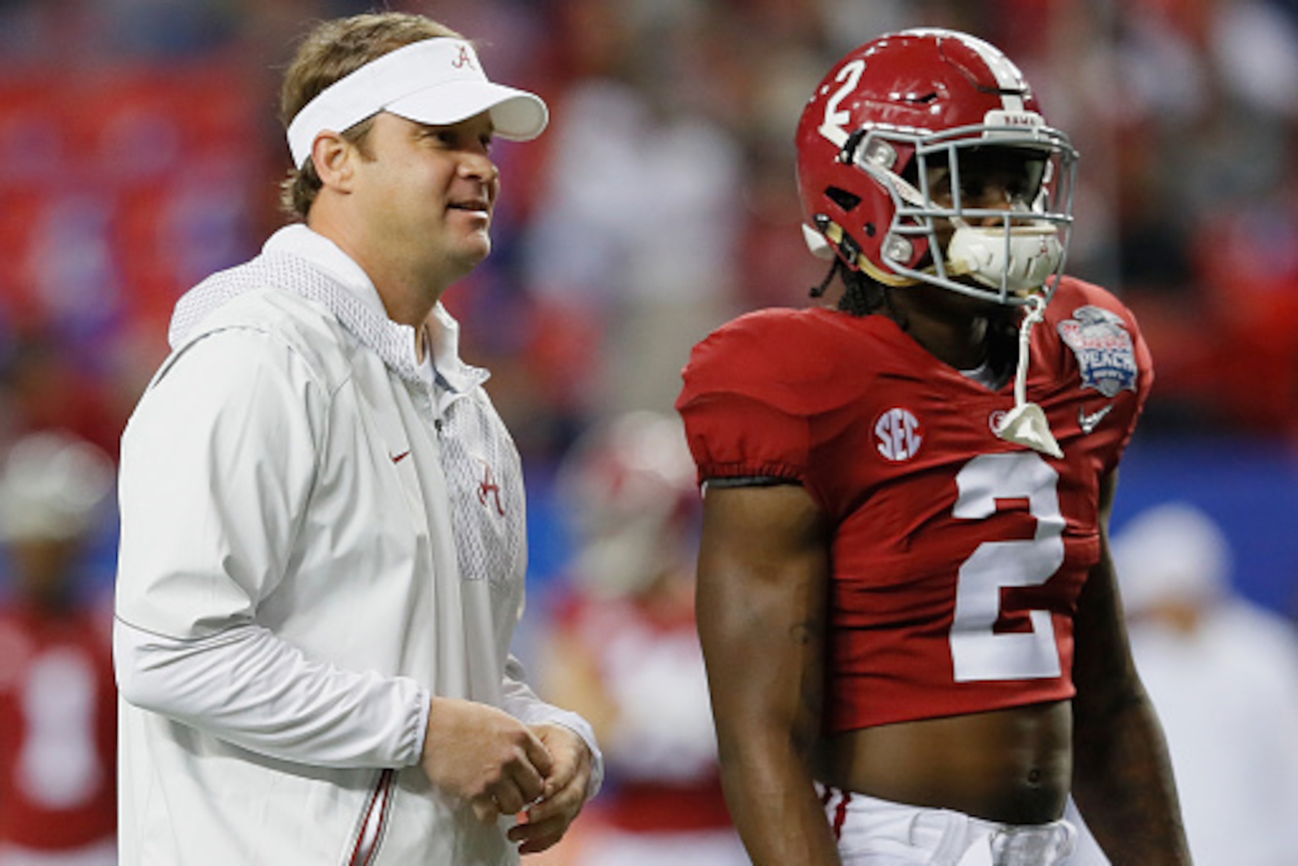 ATLANTA, GA - DECEMBER 31:  Lane Kiffin of the Alabama Crimson Tide stands with Jalen Hurts #2 of the Alabama Crimson Tide during the 2016 Chick-fil-A Peach Bowl at the Georgia Dome on December 31, 2016 in Atlanta, Georgia.  (Photo by Kevin C. Cox/Getty I