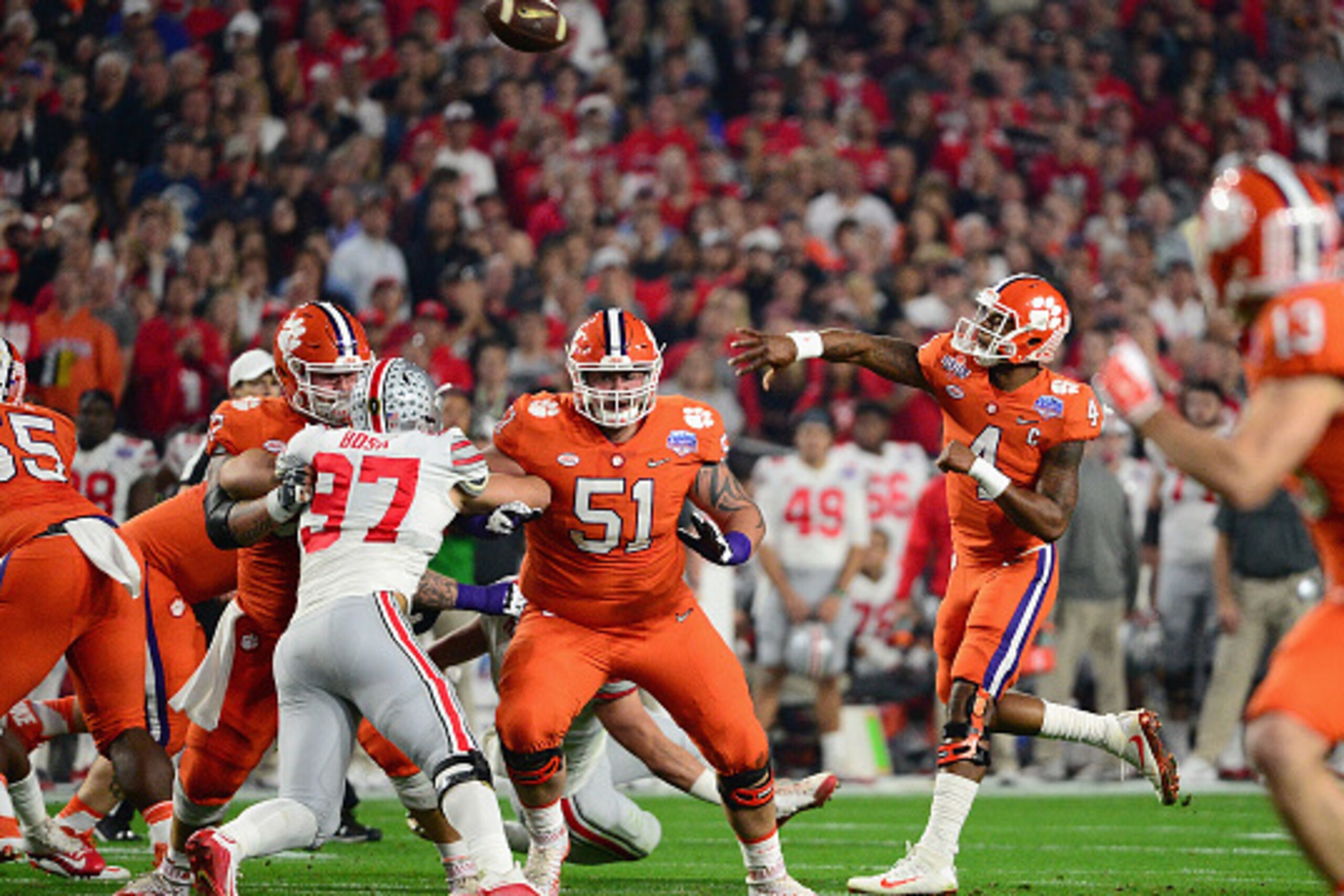 GLENDALE, AZ - DECEMBER 31:  Deshaun Watson #4 of the Clemson Tigers throws a pass during the first half of the 2016 PlayStation Fiesta Bowl against the Ohio State Buckeyes at University of Phoenix Stadium on December 31, 2016 in Glendale, Arizona.  (Phot