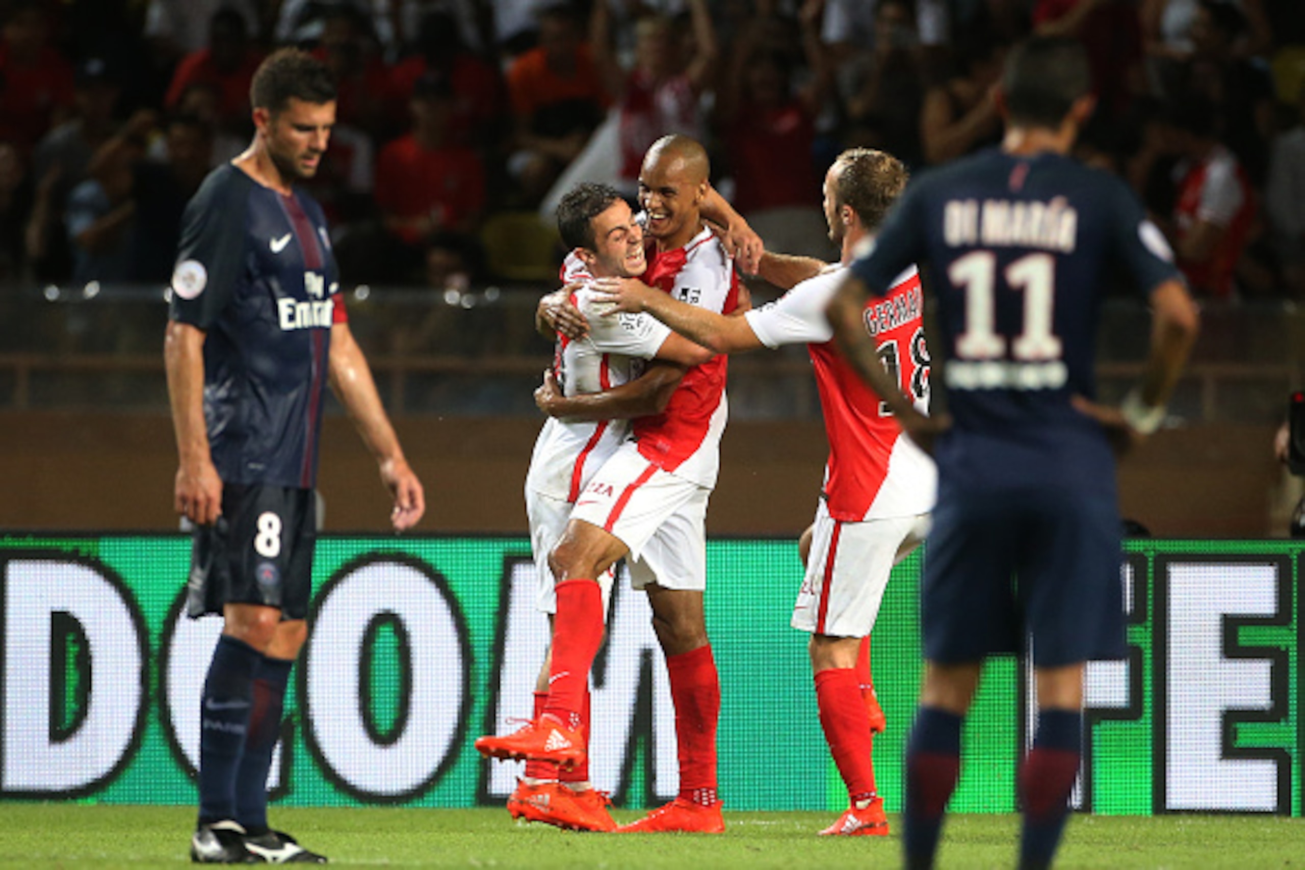 MONACO, MONACO - AUGUST 28: Fabio Henrique Tavares aka Fabinho of Monaco celebrates scoring the second goal between Bernardo Silva and Valere Germain during the French Ligue 1 match between AS Monaco (ASM) and Paris Saint-Germain (PSG) at Stade Louis II o