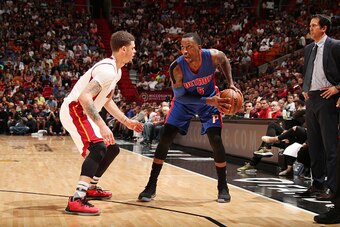 MIAMI, FL - JANUARY 1:   Kentavious Caldwell-Pope #5 of the Detroit Pistons handles the ball against Tyler Johnson #8 of the Miami Heat on January 1, 2017 at American Airlines Arena in Miami, Florida. NOTE TO USER: User expressly acknowledges and agrees t