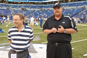 INDIANAPOLIS, IN - AUGUST 20: President Joe Banner and coach Andy Reid of the Philadelphia Eagles talk during the game against the Indianapolis Colts on August 20, 2009 at Lucas Oil Stadium in Indianapolis, Indiana. (Photo by Drew Hallowell/Getty Images)