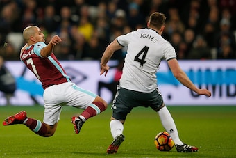 West Ham United's French-born Algerian midfielder Sofiane Feghouli (L) leaps in to make a challenge on Manchester United's English defender Phil Jones and is subsequently sent off for the tackle during the English Premier League football match between Wes