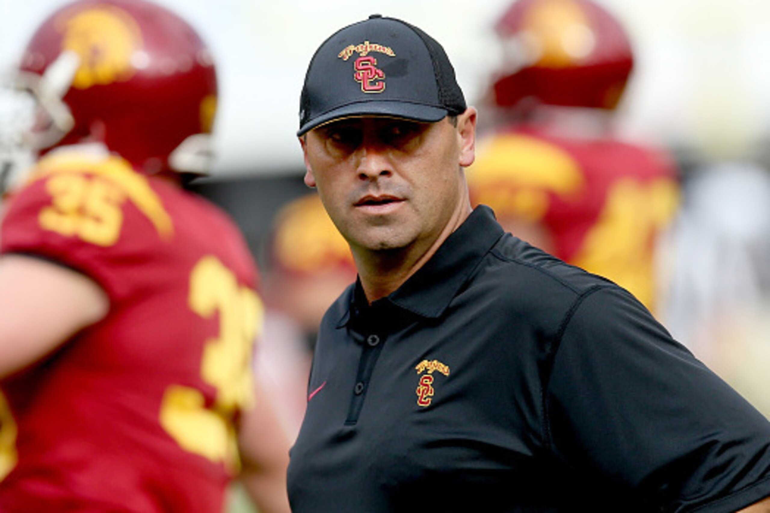 LOS ANGELES, CA - SEPTEMBER 12: Head coach Steve Sarkisian of the USC Trojans watches his team during warmups for the game with the Idaho Vandals at Los Angeles Memorial Coliseum on September 12, 2015 in Los Angeles, California. (Photo by Stephen Dunn/G LOS ANGELES, CA - SEPTEMBER 12: Head coach Steve Sarkisian of the USC Trojans watches his team during warmups for the game with the Idaho Vandals at Los Angeles Memorial Coliseum on September 12, 2015 in Los Angeles, California. (Photo by Stephen Dunn/G