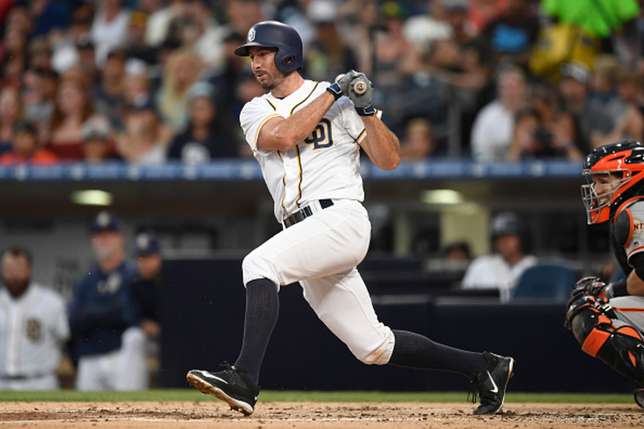 SAN DIEGO, CA - SEPTEMBER 24: Adam Rosales #9 of the San Diego Padres hits during the game against the San Francisco Giants at PETCO Park on September 24, 2016 in San Diego, California. (Photo by Andy Hayt/San Diego Padres/Getty Images)