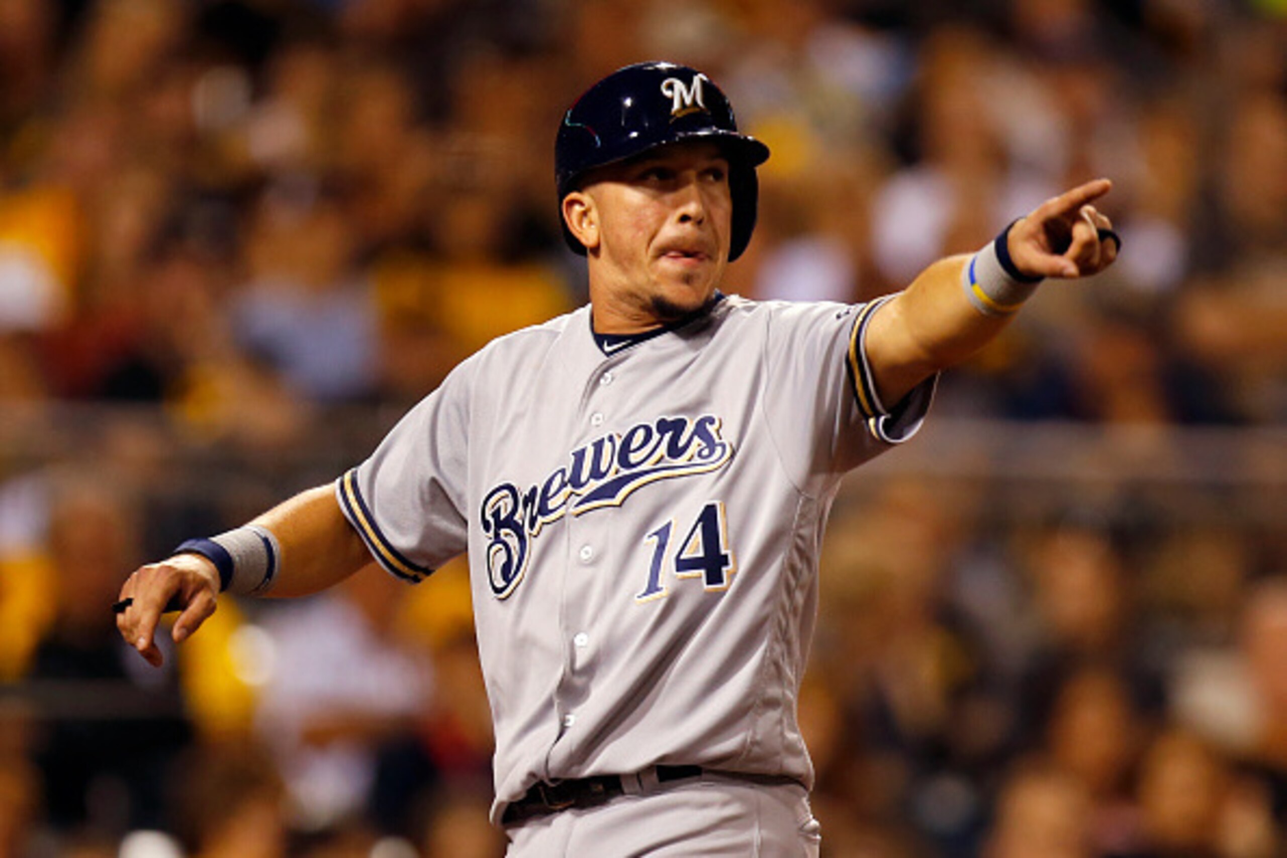 PITTSBURGH, PA - SEPTEMBER 03:  Hernan Perez #14 of the Milwaukee Brewers celebrates after scoring on a RBI single in the eighth inning during the game against the Pittsburgh Pirates at PNC Park on September 3, 2016 in Pittsburgh, Pennsylvania.  (Photo by