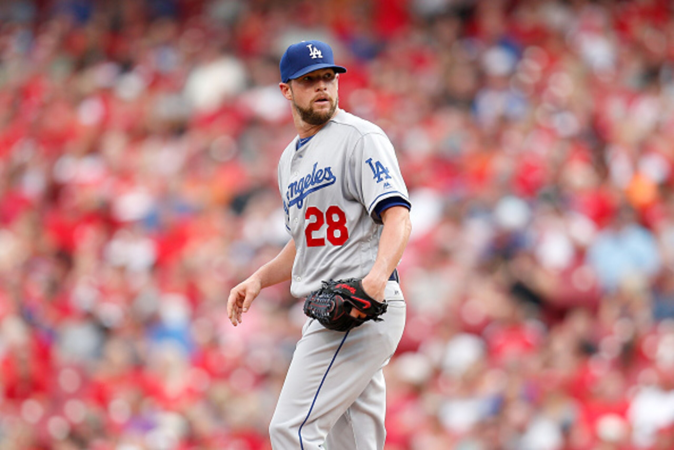 CINCINNATI, OH - AUGUST 19:  Bud Norris #28 of the Los Angeles Dodgers prepares to throw a pitch during the game against the Cincinnati Reds at Great American Ball Park on August 19, 2016 in Cincinnati, Ohio. (Photo by Kirk Irwin/Getty Images)