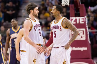 CLEVELAND, OH - FEBRUARY 29: Kevin Love #0 of the Cleveland Cavaliers and J.R. Smith #5 celebrate after a play during the first half against the Indiana Pacers at Quicken Loans Arena on February 29, 2016 in Cleveland, Ohio. NOTE TO USER: User expressly ac