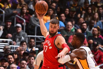 LOS ANGELES, CA - JANUARY 1: Jonas Valanciunas #17 of the Toronto Raptors handles the ball against the Los Angeles Lakers on January 1, 2017 at STAPLES Center in Los Angeles, California. NOTE TO USER: User expressly acknowledges and agrees that, by downlo