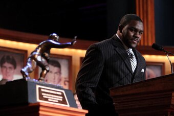 NEW YORK - DECEMBER 12:  Running back Mark Ingram #22 of the Alabama Crimson Tide speaks after being named the 75th Heisman Trophy winner at the Nokia theater Times Square on December 12, 2009 in New York City.  NOTE TO USER: Photographer approval needed 