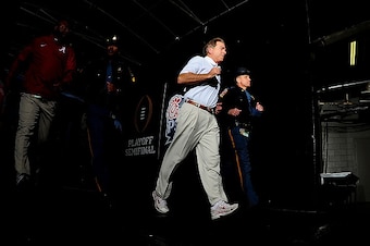 ATLANTA, GA - DECEMBER 31:  Head Coach Nick Saban of the Alabama Crimson Tide takes the field against the Washington Huskies during the 2016 Chick-fil-A Peach Bowl at the Georgia Dome on December 31, 2016 in Atlanta, Georgia.  (Photo by Scott Cunningham/G