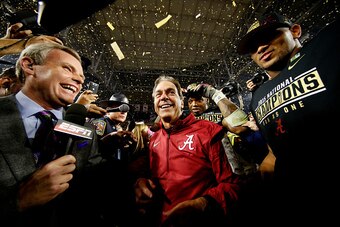GLENDALE, AZ - JANUARY 11:  Head coach Nick Saban of the Alabama Crimson Tide celebrates after defeating the Clemson Tigers in the 2016 College Football Playoff National Championship Game at University of Phoenix Stadium on January 11, 2016 in Glendale, A