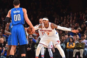 NEW YORK,NY - JANUARY 2 : Carmelo Anthony #7 of the New York Knicks plays defense against the Orlando Magic at Madison Square Garden on January 2, 2017 in New York,New York NOTE TO USER: User expressly acknowledges and agrees that, by downloading and/or u