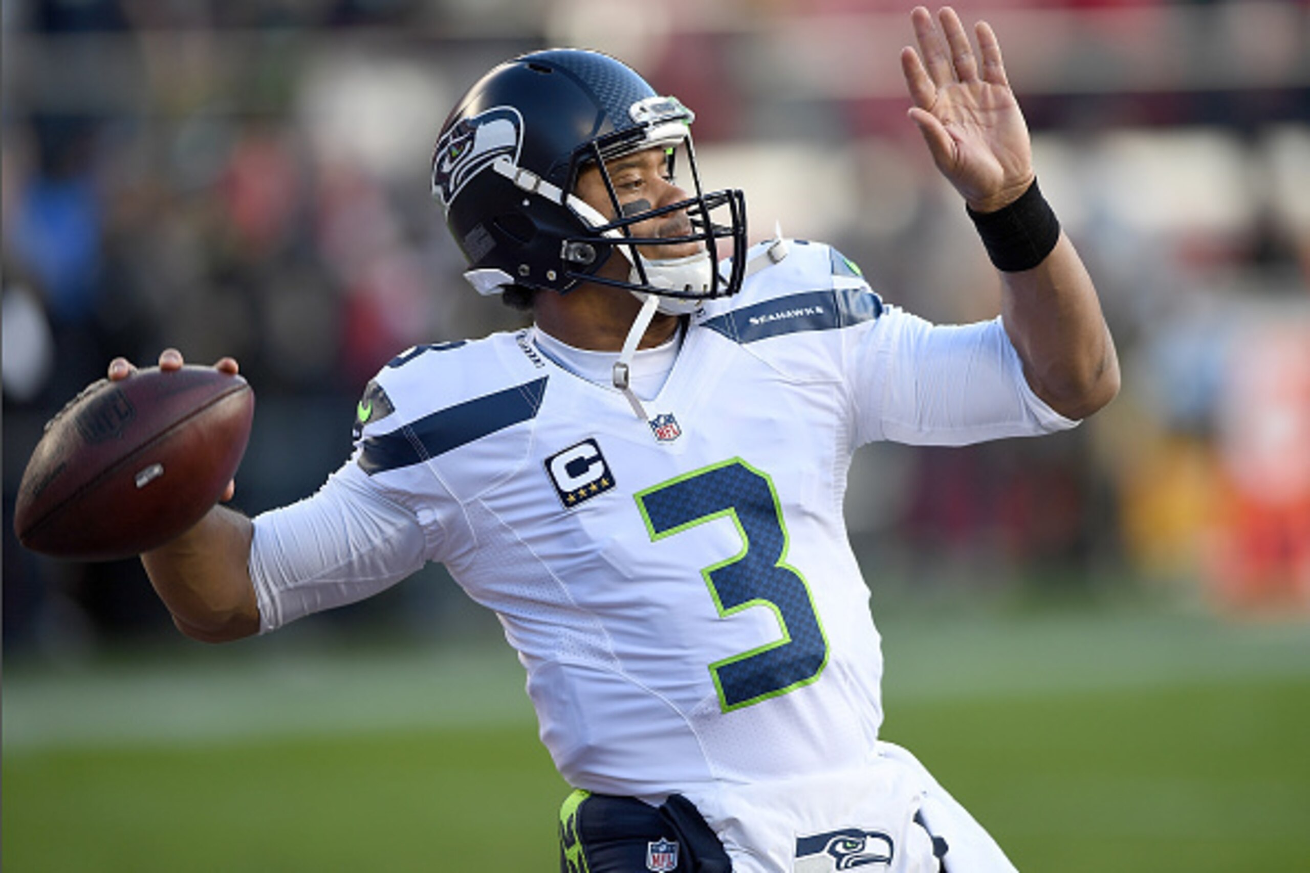 SANTA CLARA, CA - JANUARY 01: Russell Wilson #3 of the Seattle Seahawks warms up during pregame warm ups prior to the start of an NFL football game against the San Francisco 49ers at Levi's Stadium on January 1, 2017 in Santa Clara, California. (Photo by 