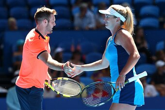 PERTH, AUSTRALIA - JANUARY 03:  Jack Sock and Coco Vandeweghe of the United States celebrate winning a point during the mixed doubles match against Lara Arruabarrena and Feliciano Lopez of Spain on day three of the 2017 Hopman Cup at Perth Arena on Januar