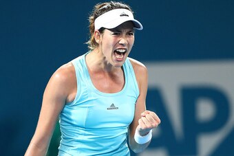 BRISBANE, AUSTRALIA - JANUARY 03:  Garbine Muguruza of Spain celebrates a point during her match against Daria Kasatkina of Russia on day three of the 2017 Brisbane International at Pat Rafter Arena on January 3, 2017 in Brisbane, Australia.  (Photo by Ch