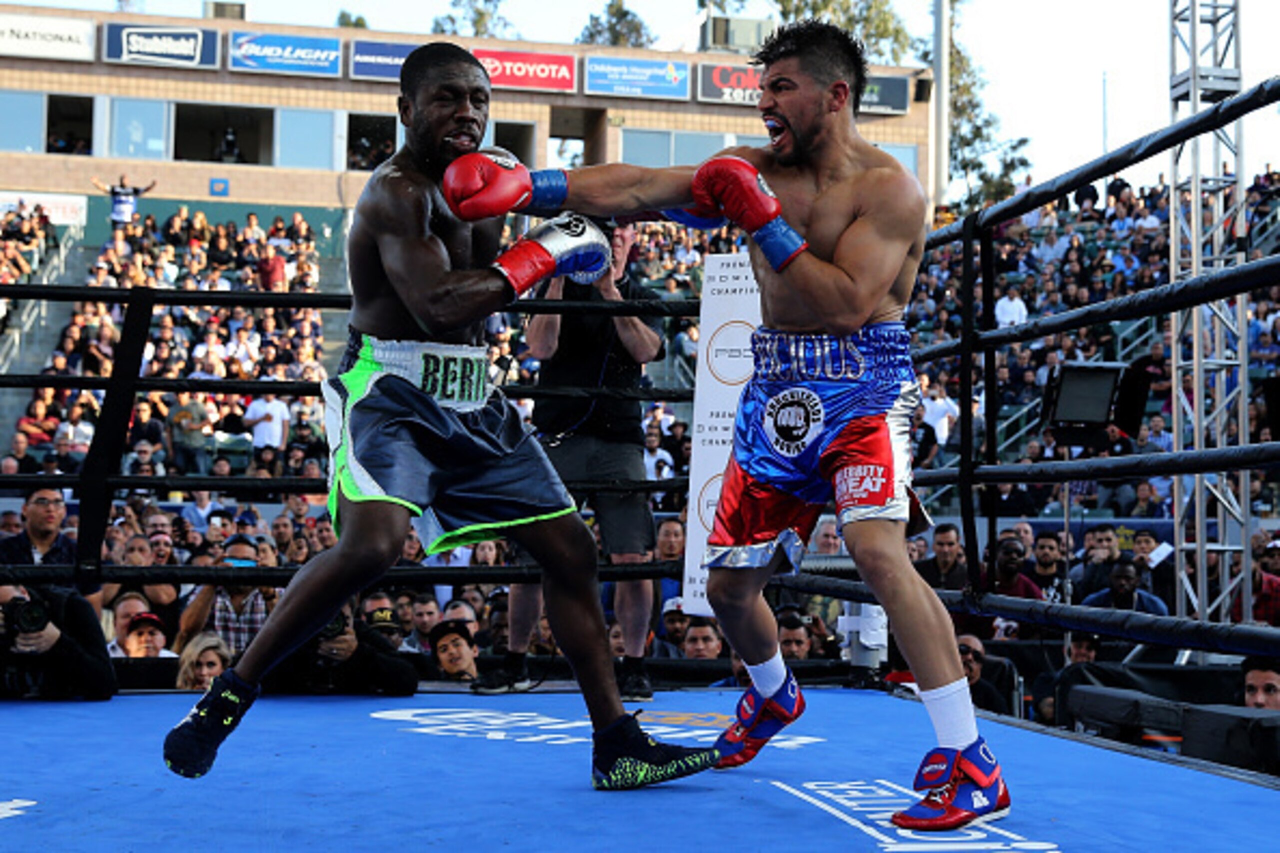 CARSON, CA - APRIL 30:   Victor Ortiz (R) punches Andre Berto during a welterweight fight at StubHub Center on April 30, 2016 in Carson, California.  (Photo by Sean M. Haffey/Getty Images)