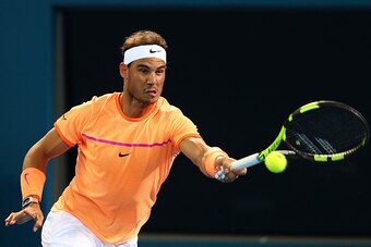 BRISBANE, AUSTRALIA - JANUARY 03:  Rafael Nadal of Spain plays a forehand in his match against Alexandr Dolgopolov of Ukraine on day three of the 2017 Brisbane International at Pat Rafter Arena on January 3, 2017 in Brisbane, Australia.  (Photo by Chris H