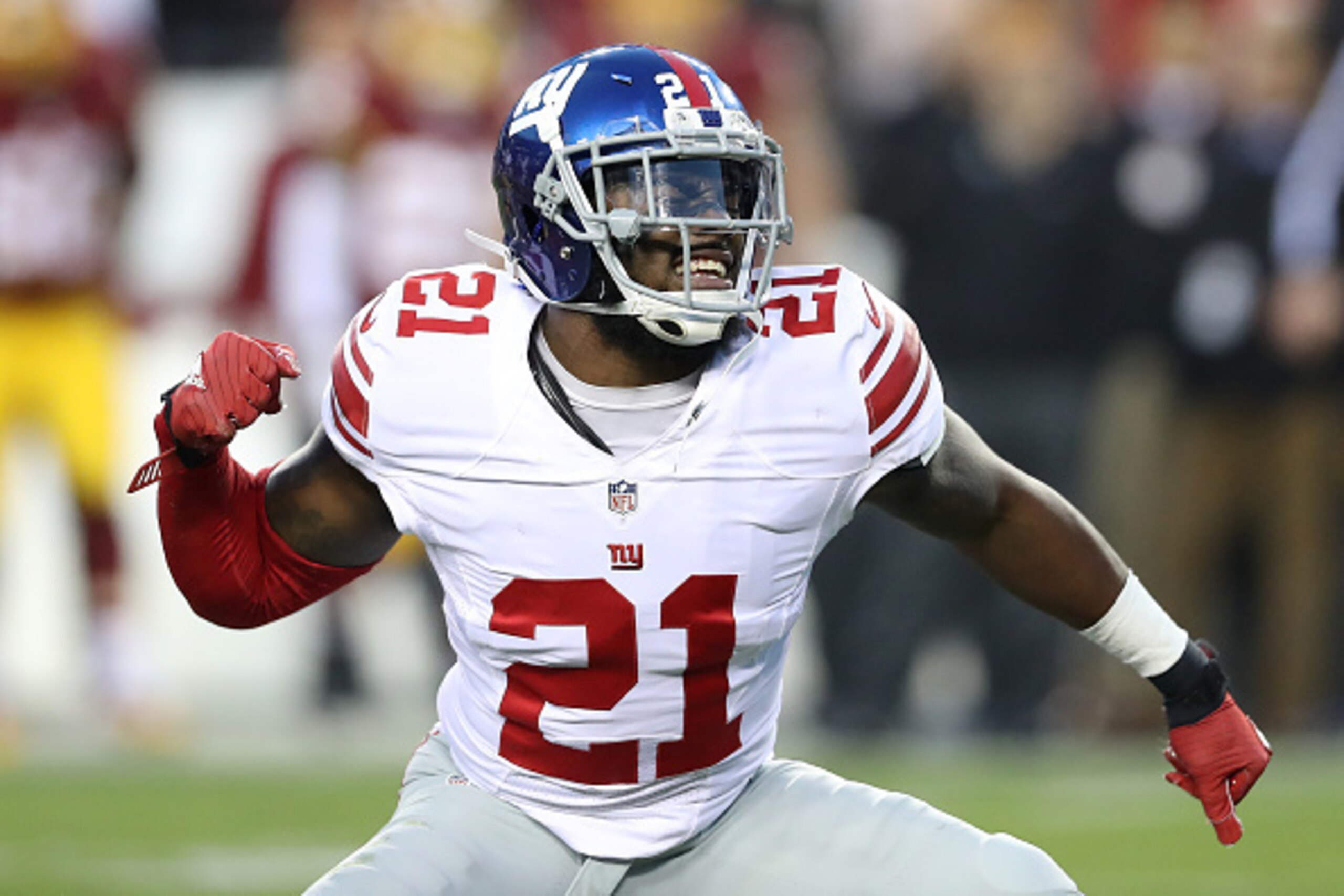 LANDOVER, MD - JANUARY 01: Strong safety Landon Collins #21 of the New York Giants reacts after sacking quarterback Kirk Cousins #8 of the Washington Redskins (not pictured) in the first quarter at FedExField on January 1, 2017 in Landover, Maryland. (Pho