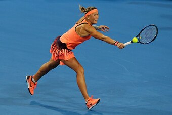 PERTH, AUSTRALIA - JANUARY 03:  Lucie Hradecka of the Czech Republic plays a backhand to Daria Gavrilova of Australia during the Womens SIngles Match on day three of the 2017 Hopman Cup at Perth Arena on January 3, 2017 in Perth, Australia.  (Photo by Wil