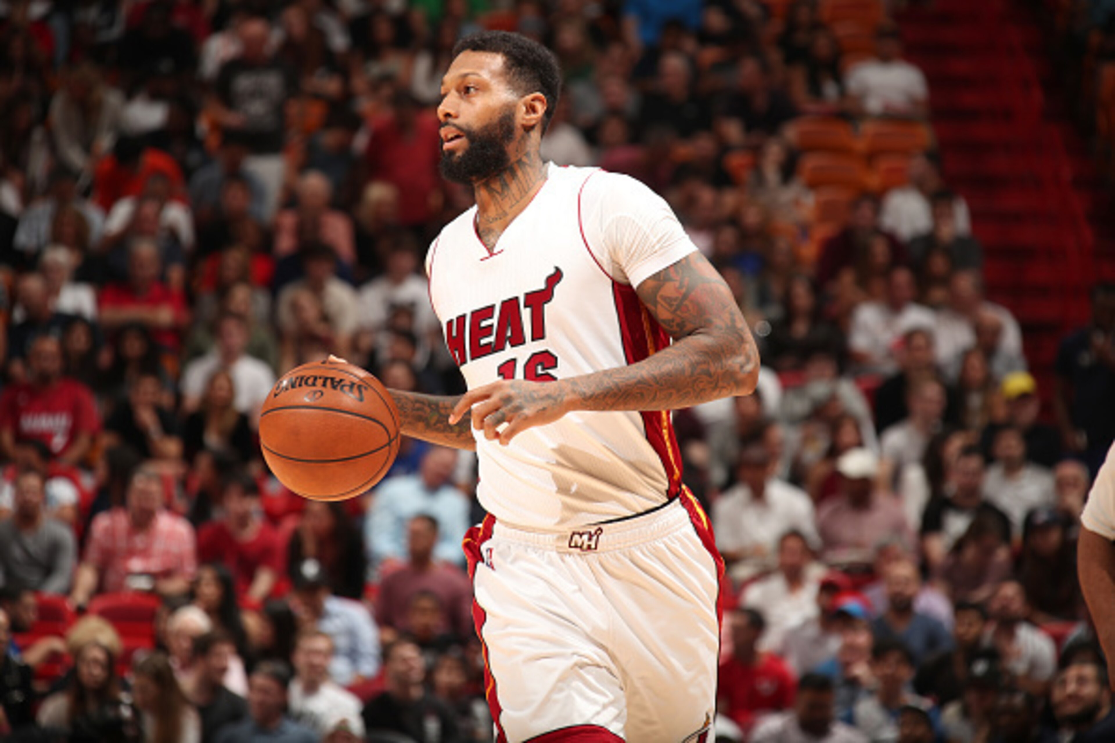 MIAMI, FL - DECEMBER 27: James Johnson #16 of the Miami Heat handles the ball against the Oklahoma City Thunder on December, 2016 at American Airlines Arena in Miami, Florida. NOTE TO USER: User expressly acknowledges and agrees that, by downloading and o