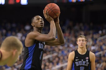 GREENSBORO, NC - DECEMBER 21: Harry Giles #1 of the Duke Blue Devils concentrates at the free-throw line against the Elon Phoenix at the Greensboro Coliseum on December 21, 2016 in Greensboro, North Carolina. Duke won 72-61. (Photo by Lance King/Getty Ima