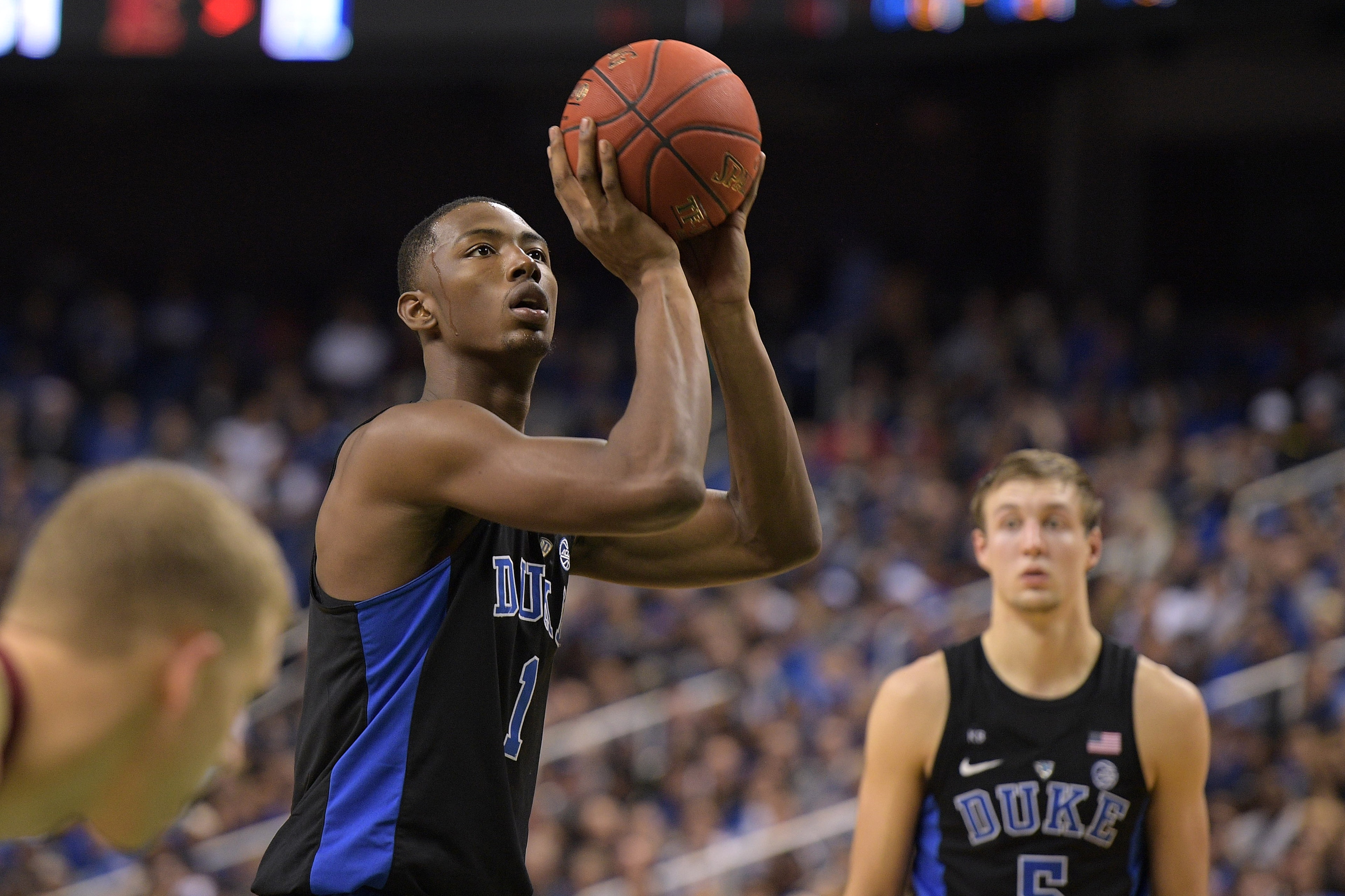 GREENSBORO, NC - DECEMBER 21: Harry Giles #1 of the Duke Blue Devils concentrates at the free-throw line against the Elon Phoenix at the Greensboro Coliseum on December 21, 2016 in Greensboro, North Carolina. Duke won 72-61. (Photo by Lance King/Getty Ima