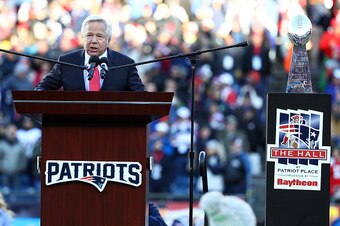 FOXBORO, MA - DECEMBER 04:  Robert Kraft, owner and CEO of the New England Patriots, speaks at half time during the game between the New England Patriots and the Los Angeles Rams at Gillette Stadium on December 4, 2016 in Foxboro, Massachusetts.  (Photo b