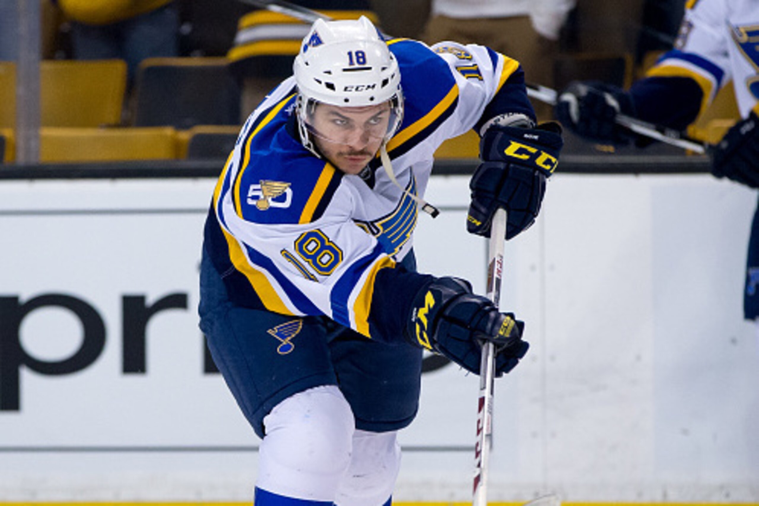 BOSTON, MA - NOVEMBER 22: Ty Rattie #18 of the St. Louis Blues warms up prior to a game against the Boston Bruins at TD Garden  on November  22, 2016 in Boston, Massachusetts. (Photo by Rich Gagnon/Getty Images)