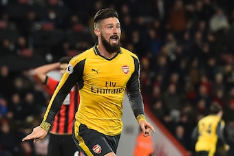 Arsenal's French striker Olivier Giroud celebrates after scoring their third goal during the English Premier League football match between Bournemouth and Arsenal at the Vitality Stadium in Bournemouth, southern England on January 3, 2017.
The game finish