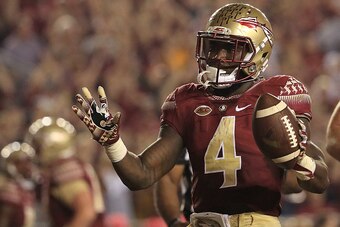 TALLAHASSEE, FL - OCTOBER 29:  Dalvin Cook #4 of the Florida State Seminoles celebrates a touchdown during a game against the Clemson Tigers at Doak Campbell Stadium on October 29, 2016 in Tallahassee, Florida.  (Photo by Mike Ehrmann/Getty Images)