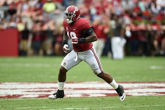 TUSCALOOSA, AL - APRIL 18:  Reuben Foster #10 of the Crimson team reacts to a play during the University of Alabama Crimson Tide A-day spring game at Bryant-Denny Stadium on April 18, 2015 in Tuscaloosa, Alabama.  (Photo by Stacy Revere/Getty Images)