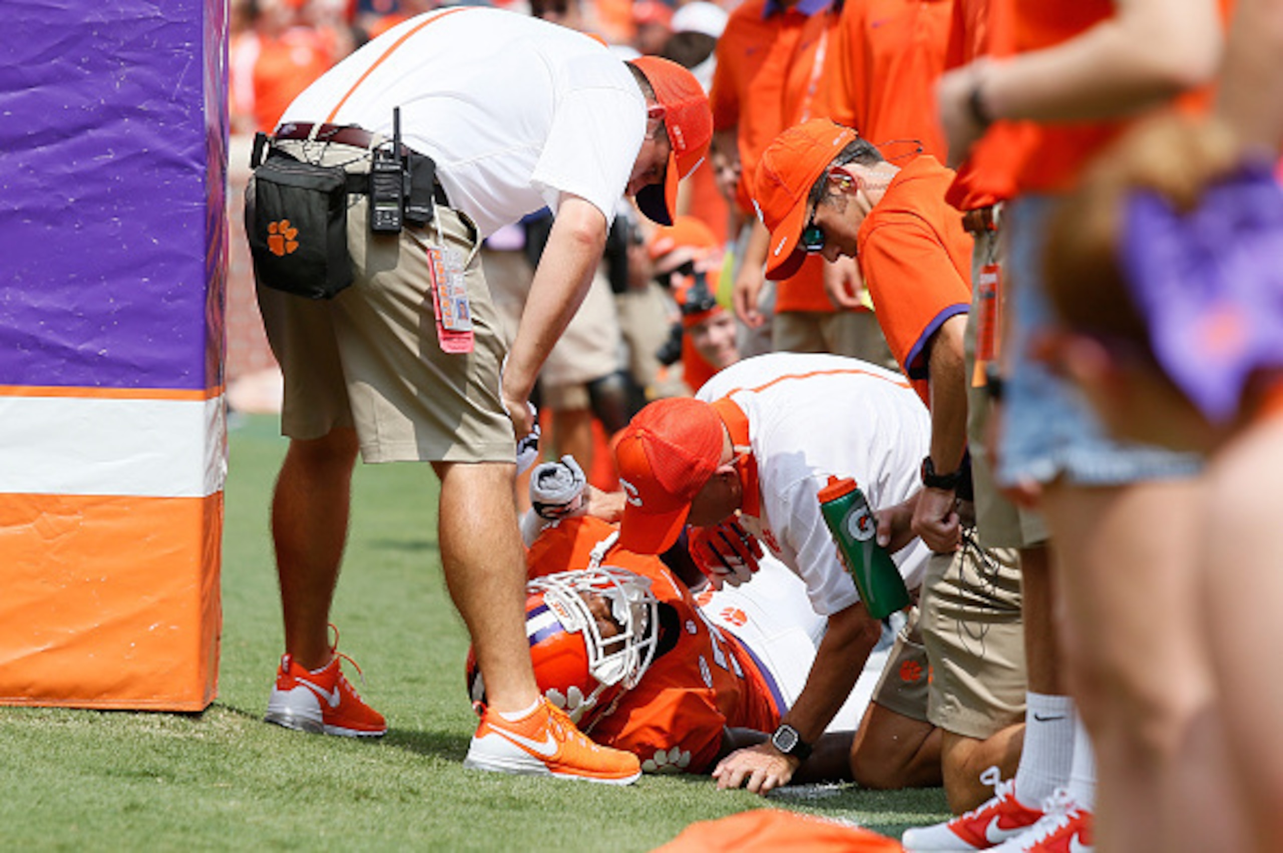 CLEMSON, SC - SEPTEMBER 5: Mike Williams #7 of the Clemson Tigers is tended to by the medical staff after being injured on a play during the game against the Wofford Terriers at Clemson Memorial Stadium on September 5, 2015 in Clemson, South Carolina. (Ph