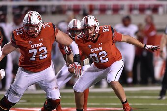 SALT LAKE CITY, UT - SEPTEMBER 01: Offensive linemen Garett Bolles #72 of the Utah Utes and teammate Ken Hampel #82 block during their game against the Southern Utah Thunderbirds at Rice-Eccles Stadium on September 1, 2016 in Salt Lake City, Utah. (Photo 