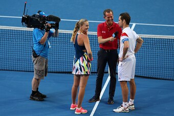 PERTH, AUSTRALIA - JANUARY 04:  Kristina Mladenovic and Richard Gasquet of France talk after defeating Heather Watson and Dan Evans of Great Britain in the mixed doubles match on day four of the 2017 Hopman Cup at Perth Arena on January 4, 2017 in Perth, 