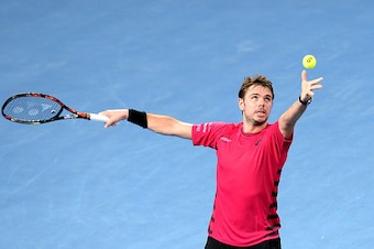 BRISBANE, AUSTRALIA - JANUARY 04: Stan Wawrinka of Switzerland serves against Viktor Troicki of Serbia on day four of the 2017 Brisbane International at Pat Rafter Arena on January 4, 2017 in Brisbane, Australia.  (Photo by Bradley Kanaris/Getty Images)