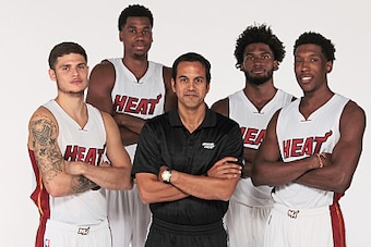MIAMI, FL - SEPTEMBER 26:  Tyler Johnson #8, Hassan Whiteside #21, Erik Spoelstra, Justise Winslow #20 and Josh Richardson #0 of the Miami Heat pose for a portrait during the 2016-2017 Miami Heat Media Day on September 26, 2016 at FedExForum in Memphis, T