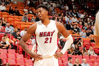 MIAMI, FL - NOVEMBER 17:  Hassan Whiteside #21 of the Miami Heat looks on during the game against the Milwaukee Bucks on November 17, 2016 at American Airlines Arena in Miami, Florida. NOTE TO USER: User expressly acknowledges and agrees that, by download
