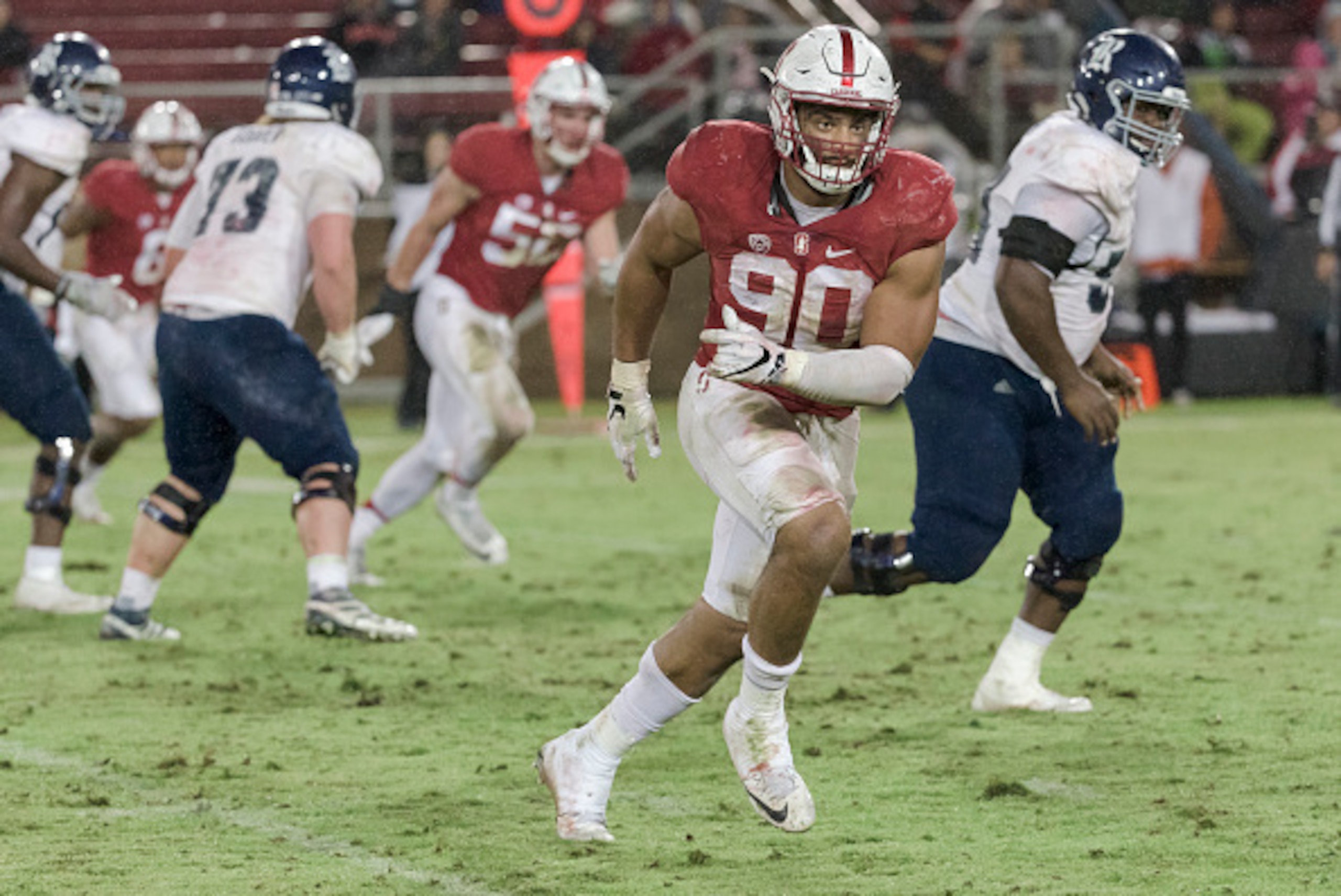PALO ALTO, CA - NOVEMBER 26:  Solomon Thomas #90 of the Stanford Cardinal plays defense in an NCAA football game against the Rice Owls played on November 26, 2016 at Stanford Stadium in Palo Alto, California.  (Photo by David Madison/Getty Images)