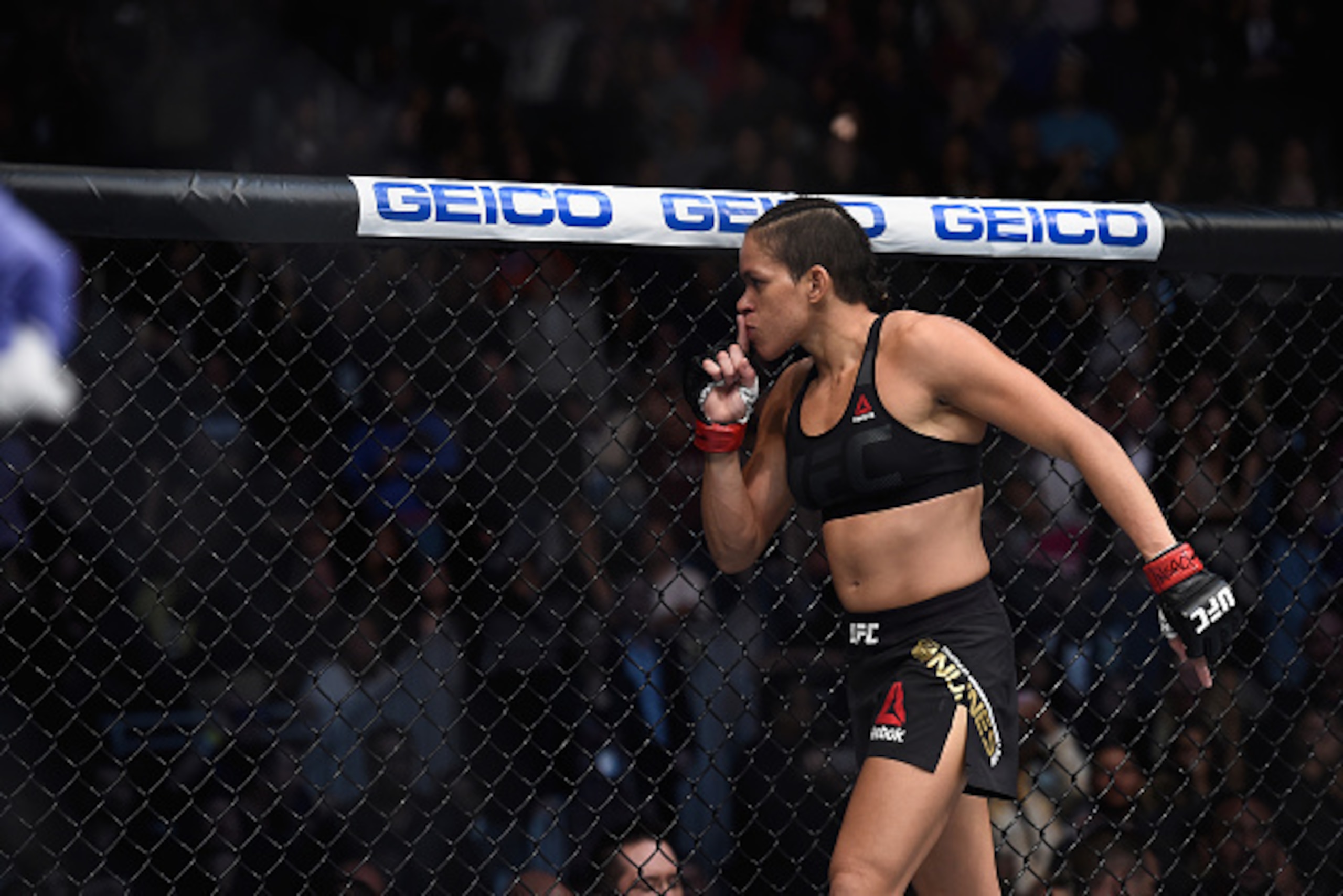 LAS VEGAS, NV - DECEMBER 30: Amanda Nunes of Brazil reacts to her victory over Ronda Rousey during the UFC 207 event at T-Mobile Arena on December 30, 2016 in Las Vegas, Nevada.  (Photo by Brandon Magnus/Zuffa LLC/Zuffa LLC via Getty Images)