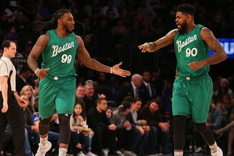 NEW YORK, NY - DECEMBER 25:  Jae Crowder #99 of the Boston Celtics reacts after hitting a three pointer with teammate Amir Johnson #90 against the New York Knicks at Madison Square Garden on December 25, 2016 in New York City. NOTE TO USER: User expressly