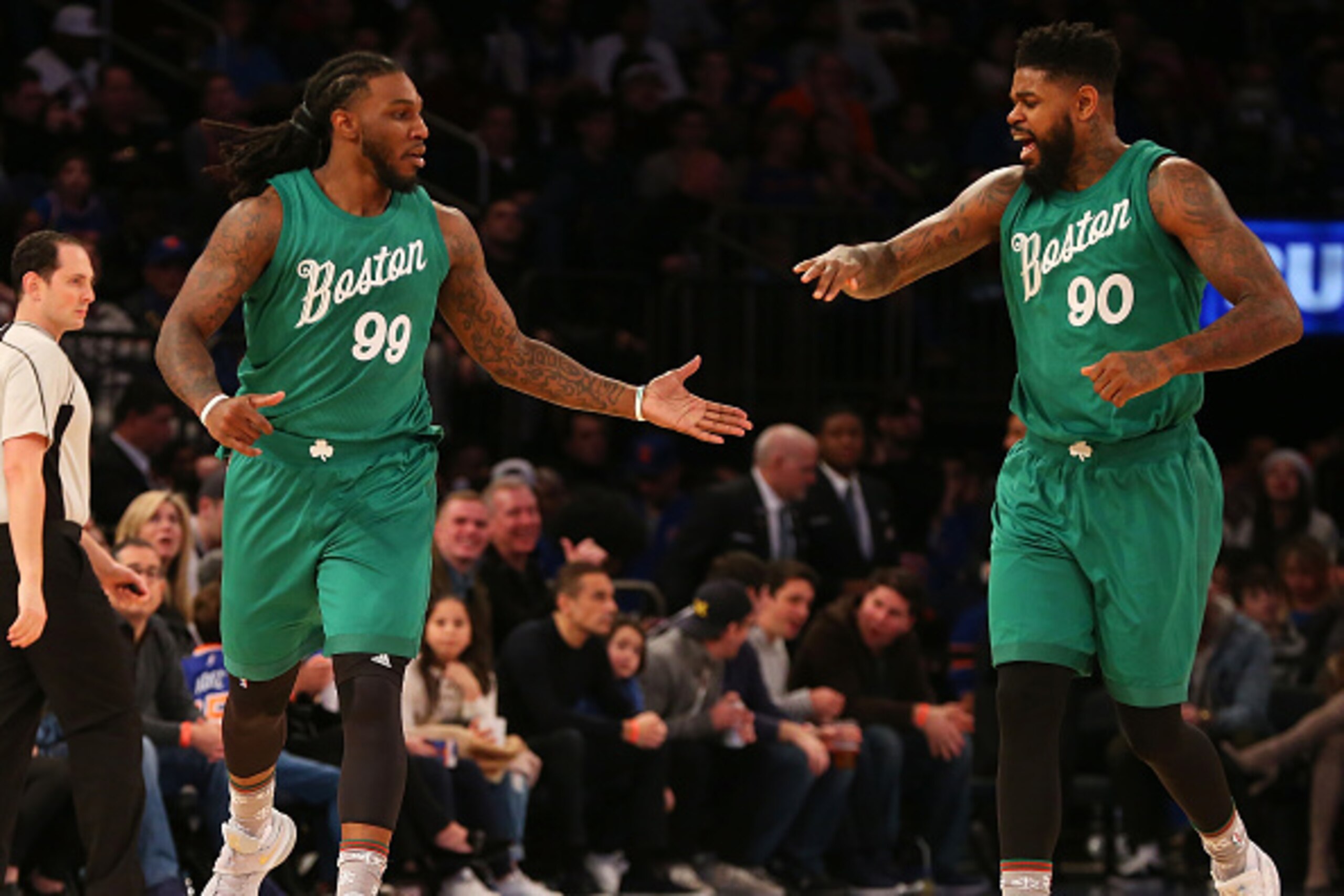 NEW YORK, NY - DECEMBER 25:  Jae Crowder #99 of the Boston Celtics reacts after hitting a three pointer with teammate Amir Johnson #90 against the New York Knicks at Madison Square Garden on December 25, 2016 in New York City. NOTE TO USER: User expressly