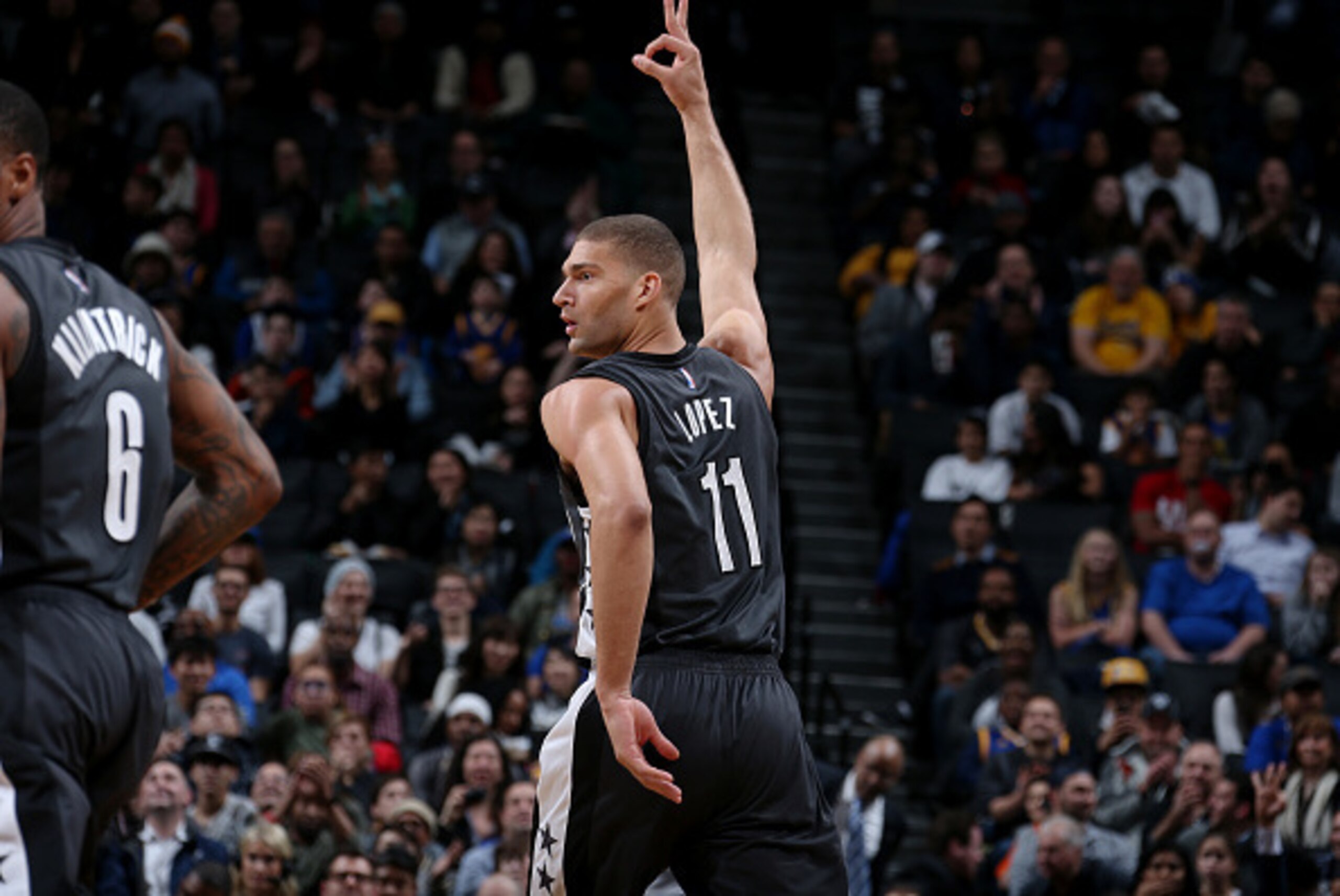 BROOKLYN, NY - DECEMBER 22: Brook Lopez #11 of the Brooklyn Nets reacts during a game against the Golden State Warriors on December 22, 2016 at Barclays Center in Brooklyn, NY. NOTE TO USER: User expressly acknowledges and agrees that, by downloading and/
