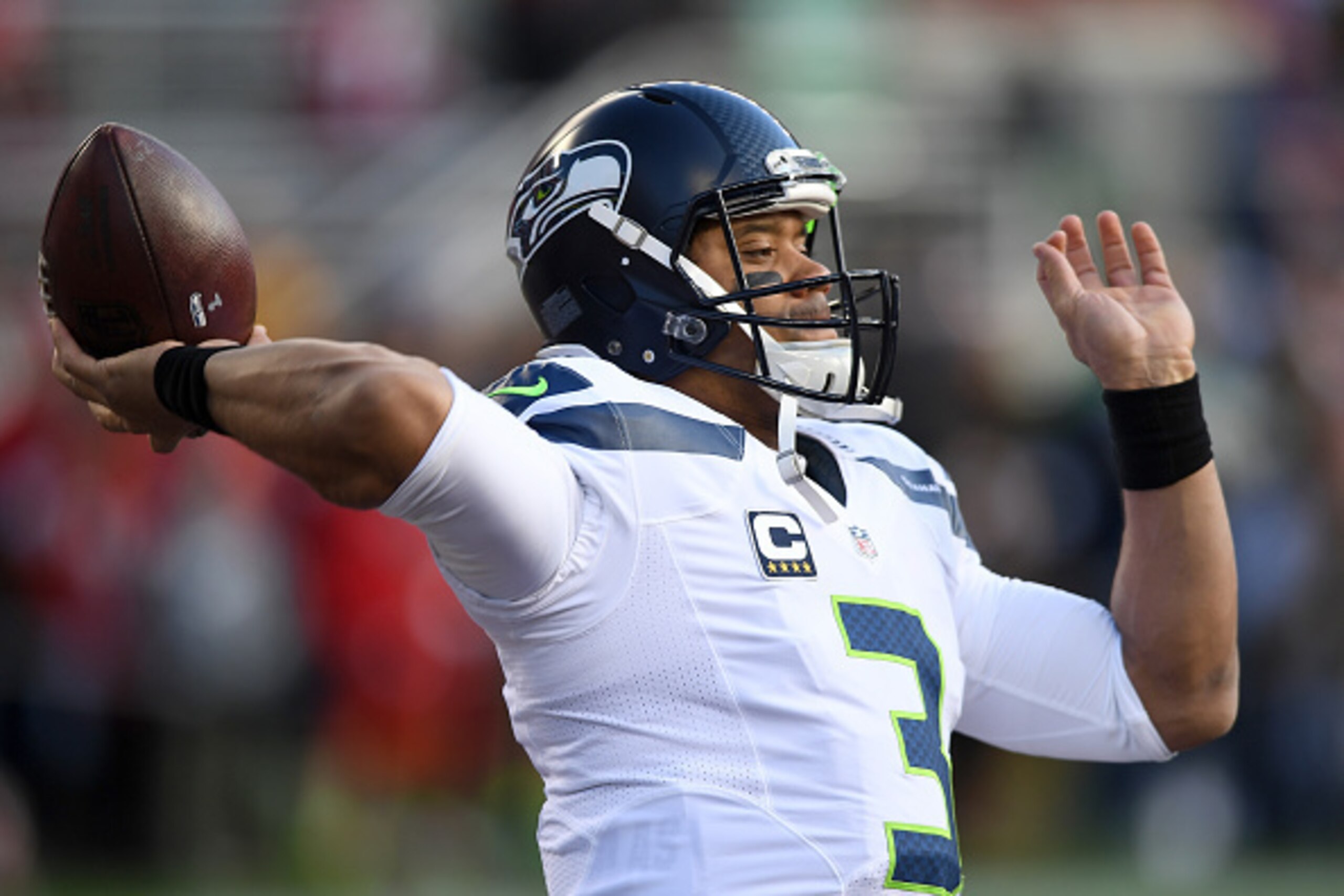 SANTA CLARA, CA - JANUARY 01:  Russell Wilson #3 of the Seattle Seahawks warms up during pregame warm ups prior to the start of an NFL football game against the San Francisco 49ers at Levi's Stadium on January 1, 2017 in Santa Clara, California.  (Photo b