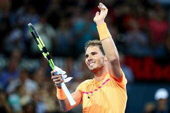 BRISBANE, AUSTRALIA - JANUARY 05:  Rafael Nadal of Spain celebrates winning his quarter final match against Mischa Zverev of Germany during day five of the 2017 Brisbane International at Pat Rafter Arena on January 5, 2017 in Brisbane, Australia.  (Photo 