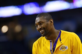 NEW ORLEANS, LA - NOVEMBER 29: Metta World Peace #37 of the Los Angeles Lakers reacts before a game against the New Orleans Pelicans at the Smoothie King Center on November 29, 2016 in New Orleans, Louisiana. NOTE TO USER: User expressly acknowledges and 