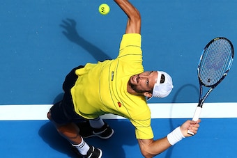 PERTH, AUSTRALIA - JANUARY 05:  Feliciano Lopez of Spain serves to Adam Pavlasek of the Czech Republic in the men's singles match during day five of the 2017 Hopman Cup at Perth Arena on January 5, 2017 in Perth, Australia.  (Photo by Paul Kane/Getty Imag