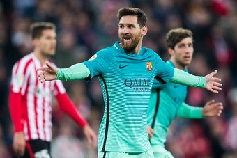 BILBAO, SPAIN - JANUARY 05:  Lionel Messi of FC Barcelona reacts during the Copa del Rey Round of 16 first leg match between Athletic Club and FC Barcelona at San Mames Stadium on January 5, 2017 in Bilbao, Spain.  (Photo by Juan Manuel Serrano Arce/Getty