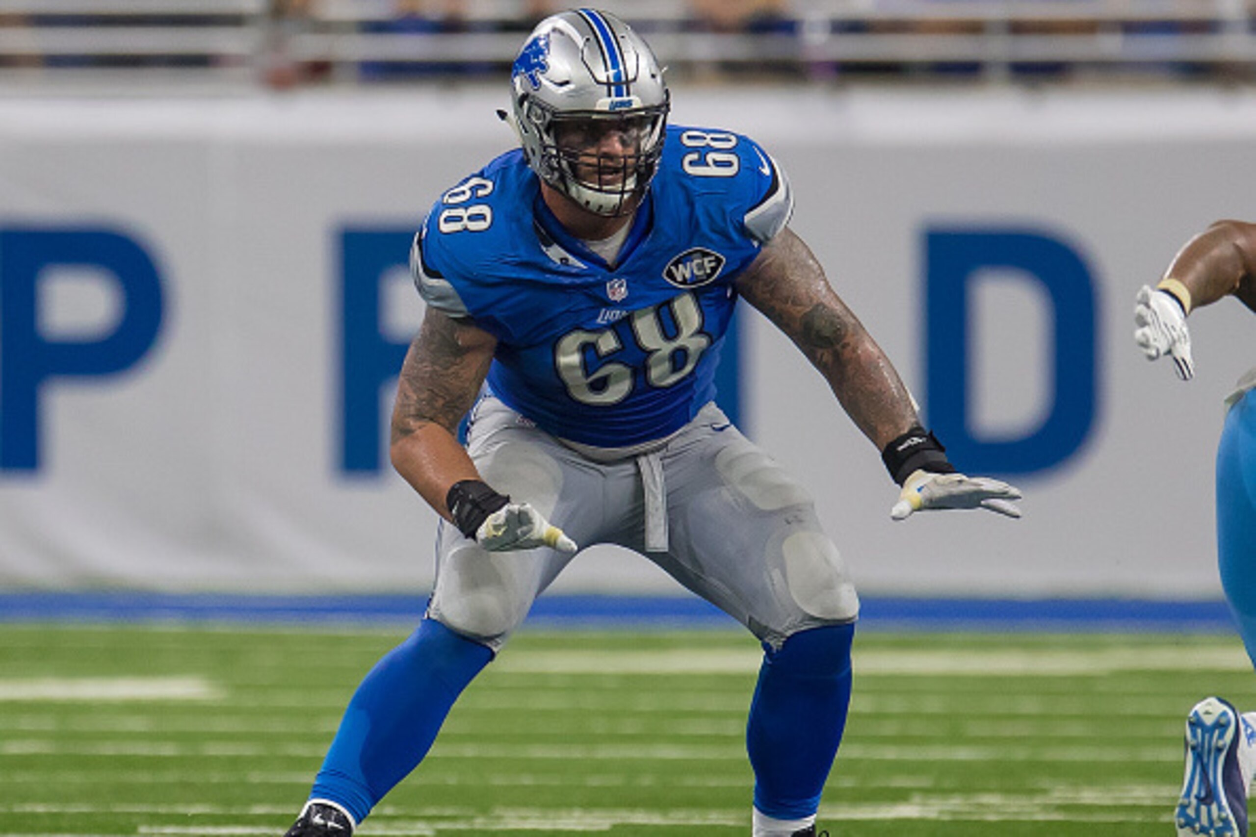 DETROIT, MI - SEPTEMBER 18: Taylor Decker #68 of the Detroit Lions defends during an NFL game against the Tennessee Titans at Ford Field on September 18, 2016 in Detroit, Michigan. Titans defeated the Lions 16-15. (Photo by Dave Reginek/Getty Images)