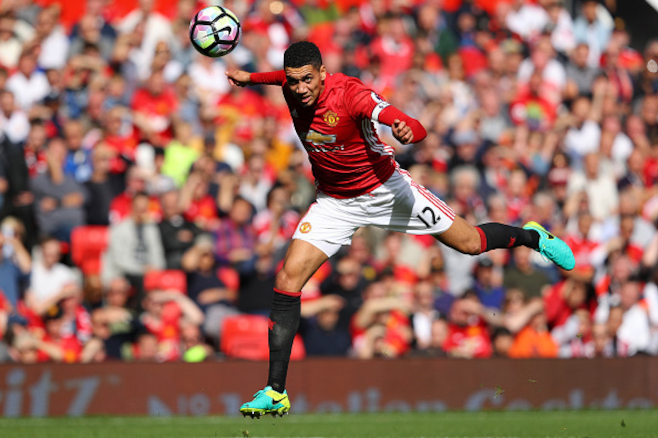 MANCHESTER, ENGLAND - OCTOBER 02: Chris Smalling of Manchester United heads the ball during the Premier League match between Manchester United and Stoke City at Old Trafford on October 2, 2016 in Manchester, England. (Photo by Richard Heathcote/Getty Ima MANCHESTER, ENGLAND - OCTOBER 02: Chris Smalling of Manchester United heads the ball during the Premier League match between Manchester United and Stoke City at Old Trafford on October 2, 2016 in Manchester, England. (Photo by Richard Heathcote/Getty Ima
